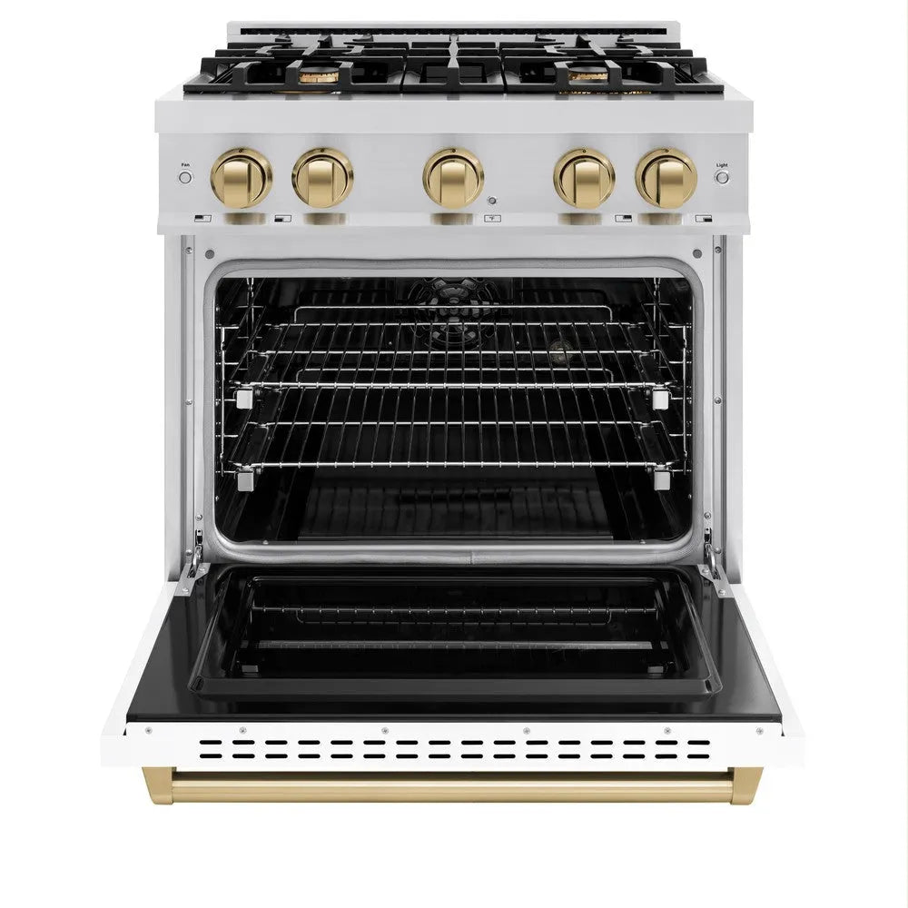 ZLINE Autograph Edition Classic 30-inch range in stainless steel with white matte door and champagne bronze accents CDRZ-WM-30-CB, front view
