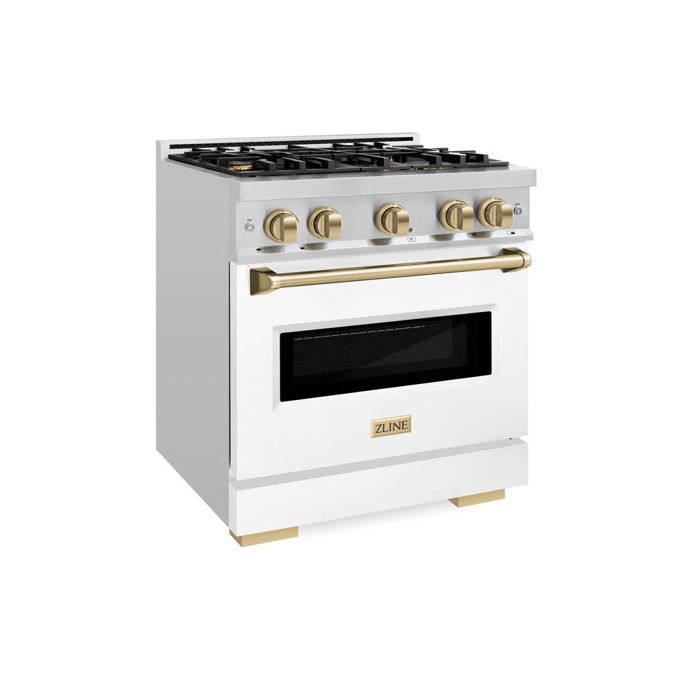 ZLINE Autograph Edition Classic 30-inch range in stainless steel with white matte door and champagne bronze accents CDRZ-WM-30-CB