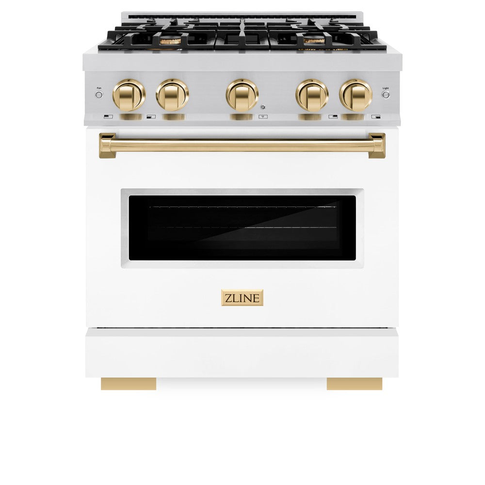 ZLINE Autograph Edition Classic 30-inch range in stainless steel with white matte door and polished gold accents CDRZ-WM-30-G, front view