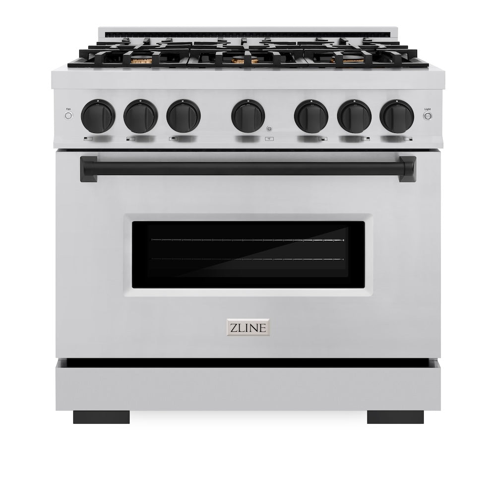 ZLINE Autograph Edition Classic 36-inch range in stainless steel and matte black accents CDRZ-36-MB, front view