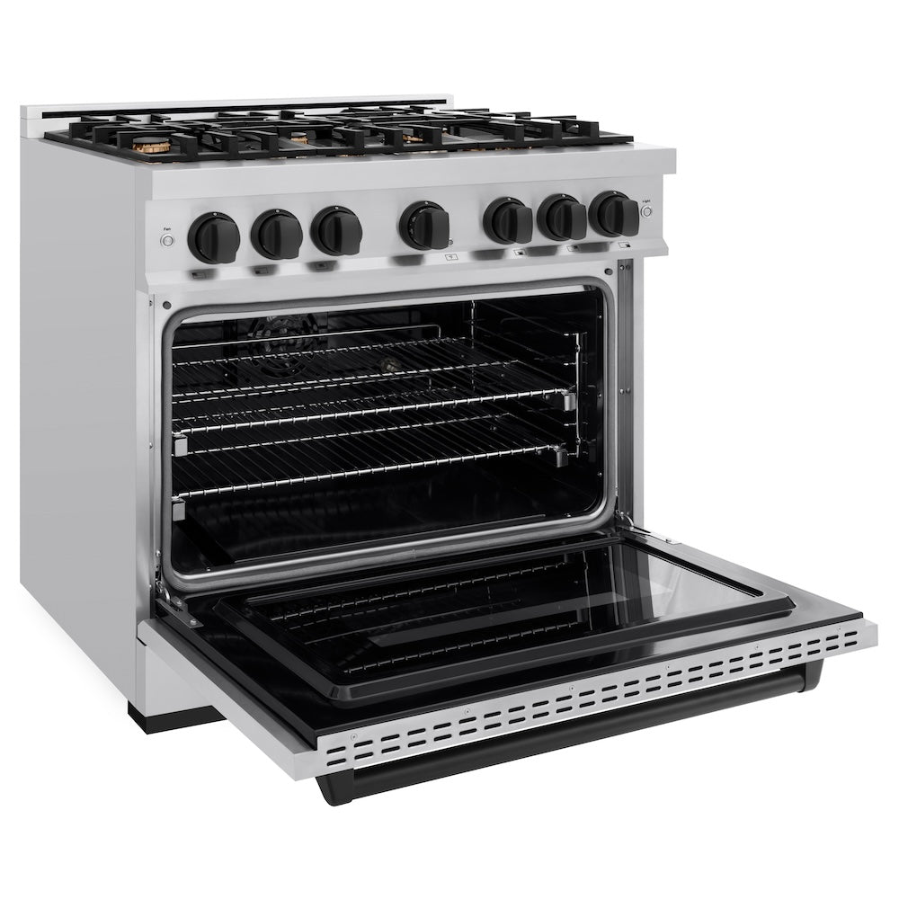 ZLINE Autograph Edition Classic 36-inch range in stainless steel and matte black accents CDRZ-36-MB, door open