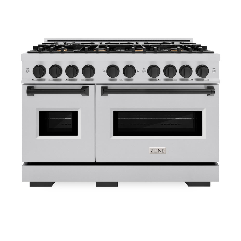 ZLINE Autograph Edition Classic 48-inch range in stainless steel and matte black accents CDRZ-48-MB, front view
