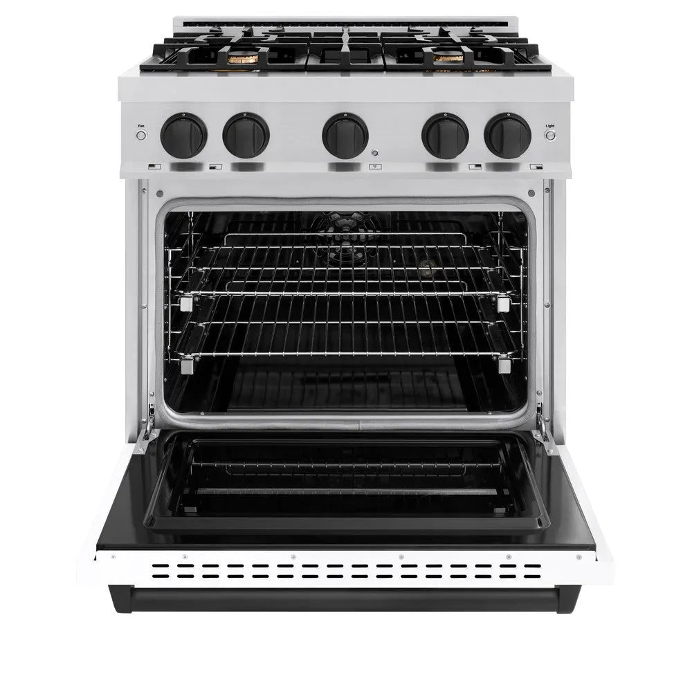 ZLINE Autograph Edition Classic 30-inch range in stainless steel with white matte door and matte black accents CDRZ-WM-30-MB, front view