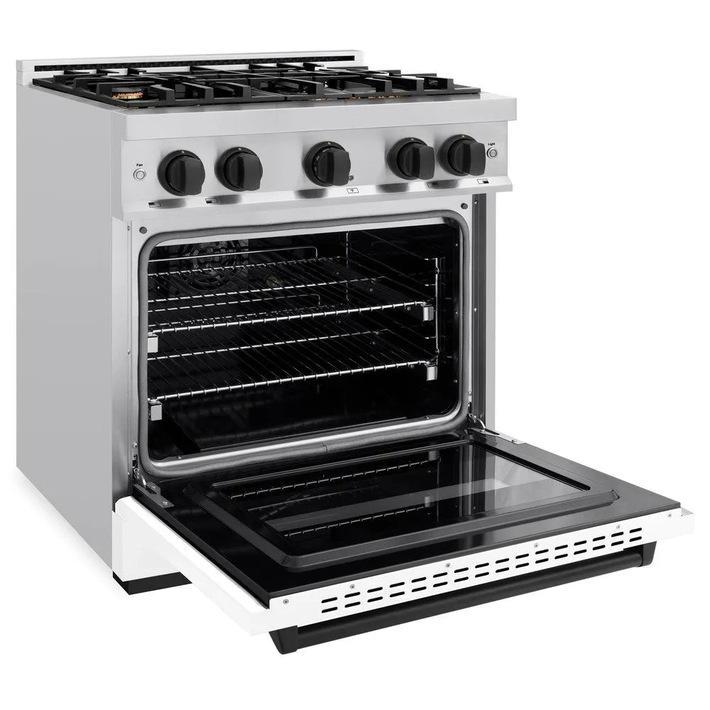 ZLINE Autograph Edition Classic 30-inch range in stainless steel with white matte door and matte black accents CDRZ-WM-30-MB, door open