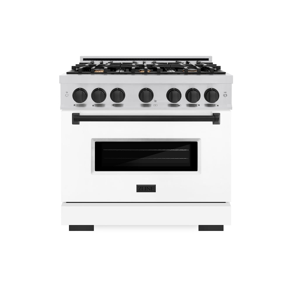 ZLINE Autograph Edition Classic 36-inch range in stainless steel with white matte door and matte black accents CDRZ-WM-36-MB, front view