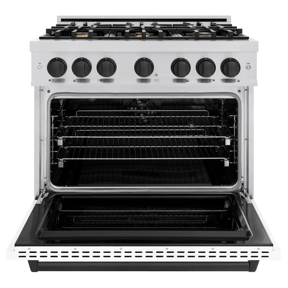 ZLINE Autograph Edition Classic 36-inch range in stainless steel with white matte door and matte black accents CDRZ-WM-36-MB, front view