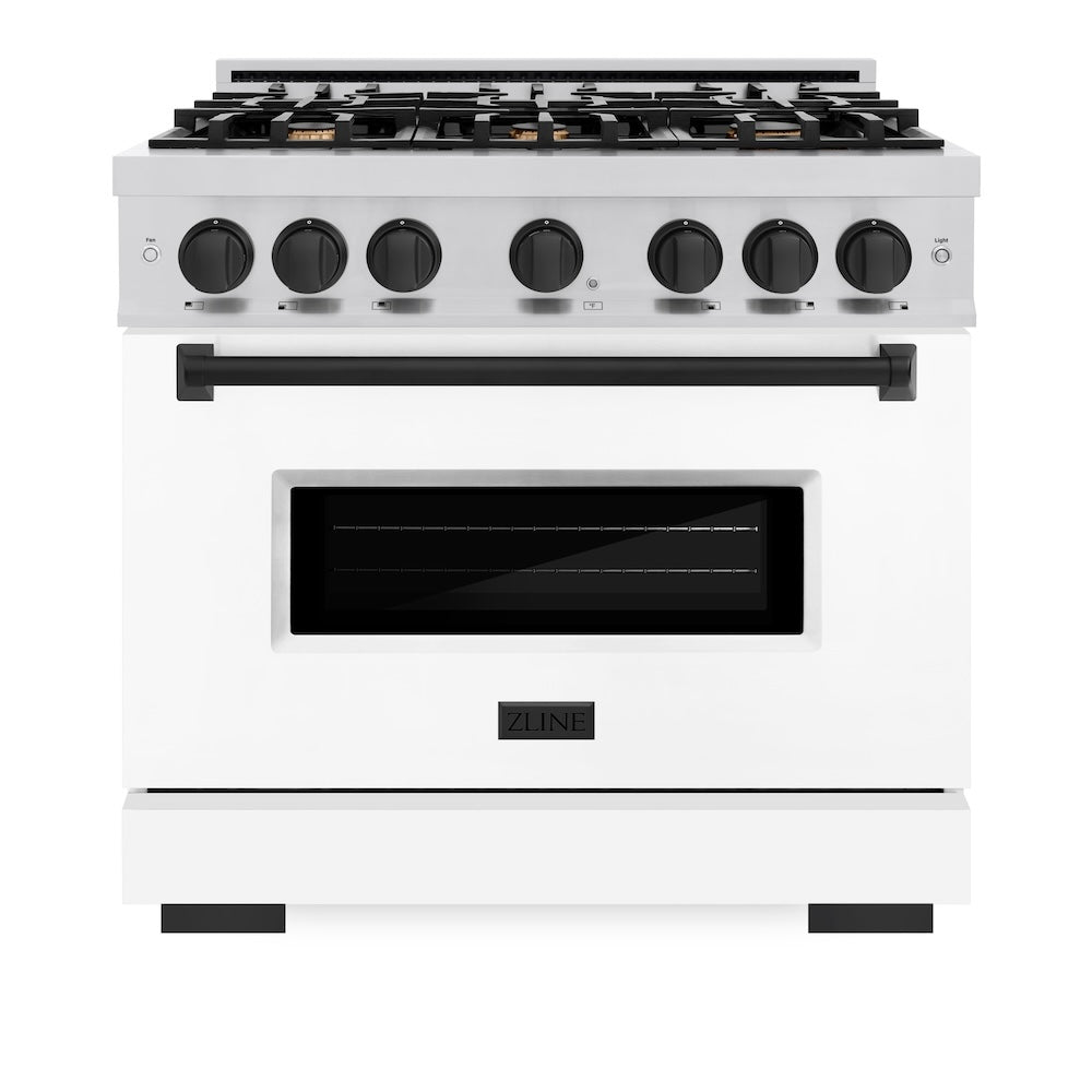 ZLINE Autograph Edition Classic 36-inch range in stainless steel with white matte door and matte black accents CDRZ-WM-36-MB, front view