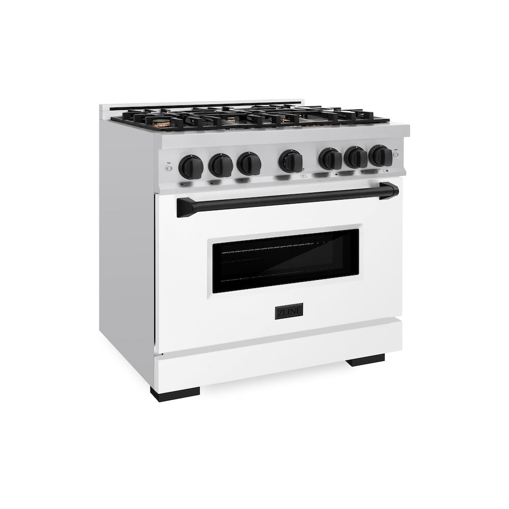 ZLINE Autograph Edition Classic 36-inch range in stainless steel with white matte door and matte black accents CDRZ-WM-36-MB