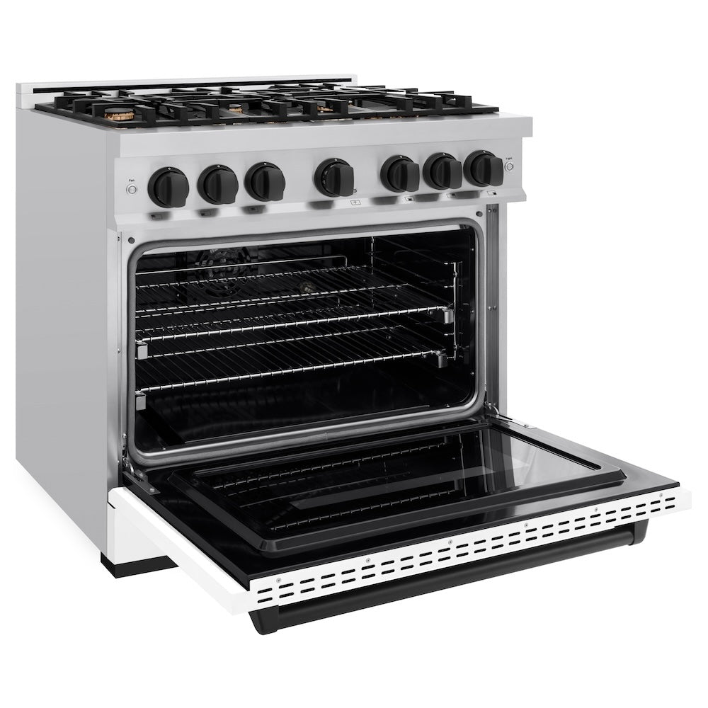 ZLINE Autograph Edition Classic 36-inch range in stainless steel with white matte door and matte black accents CDRZ-WM-36-MB, door open
