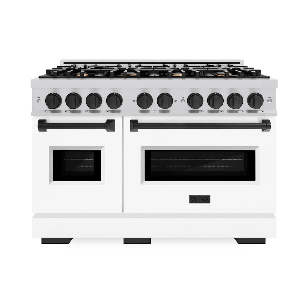 ZLINE Autograph Edition Classic 48-inch range in stainless steel with white matte door and matte black accents CDRZ-WM-48-MB, front view