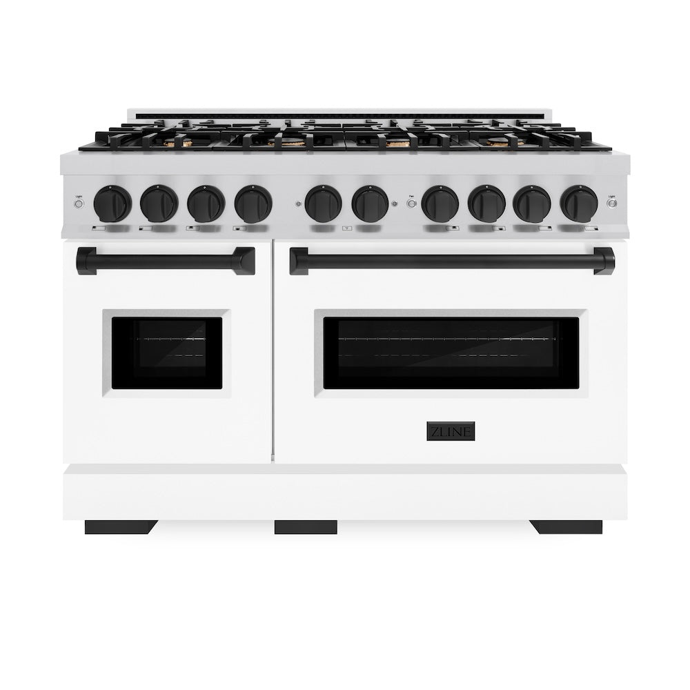 ZLINE Autograph Edition Classic 48-inch range in stainless steel with white matte door and matte black accents CDRZ-WM-48-MB, front view