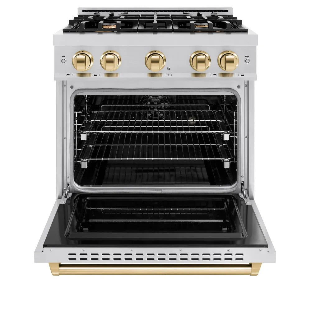 ZLINE Autograph Edition Classic 30-inch range in stainless steel and polished gold accents CDRZ-30-G, front view
