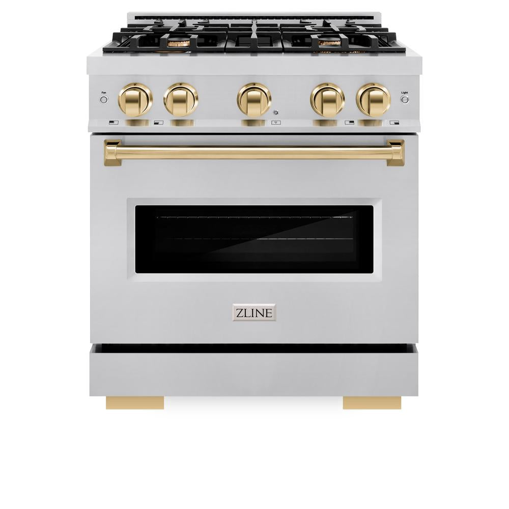 ZLINE Autograph Edition Classic 30-inch range in stainless steel and polished gold accents CDRZ-30-G, front view