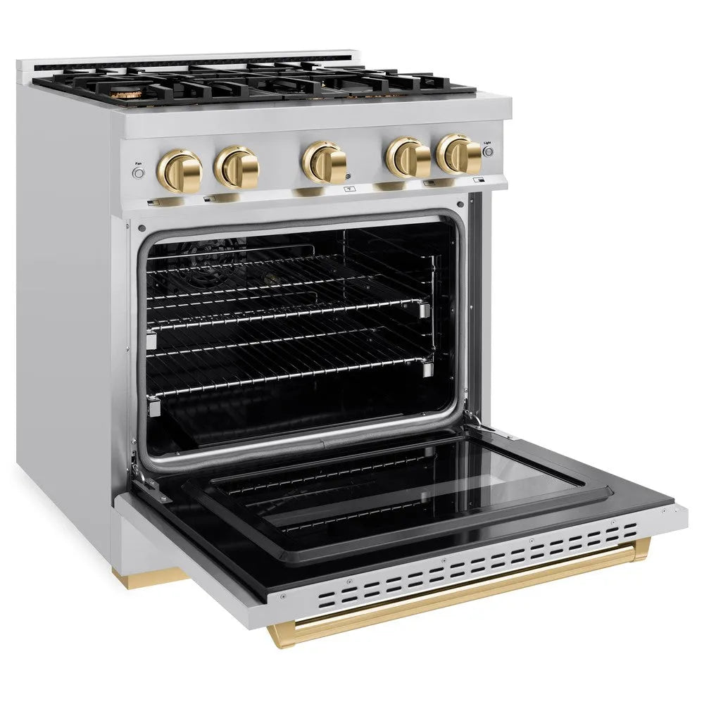 ZLINE Autograph Edition Classic 30-inch range in stainless steel and polished gold accents CDRZ-30-G, door open