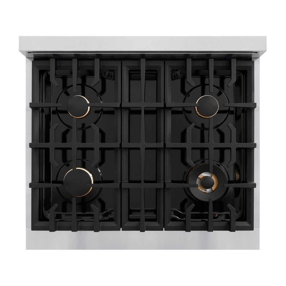 ZLINE Autograph Edition Classic 30-inch range in stainless steel and polished gold accents CDRZ-30-G, from above