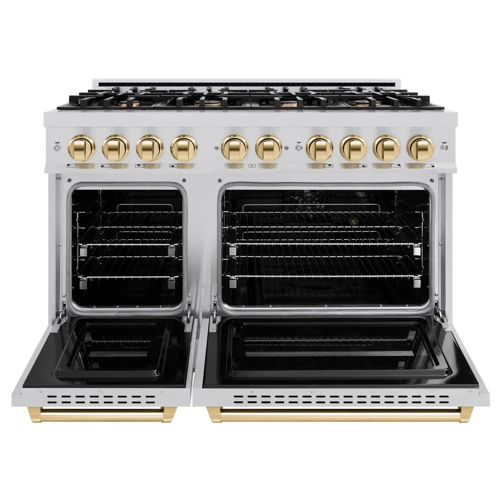 ZLINE Autograph Edition Classic 48-inch range in stainless steel and polished gold accents CDRZ-48-G, front view