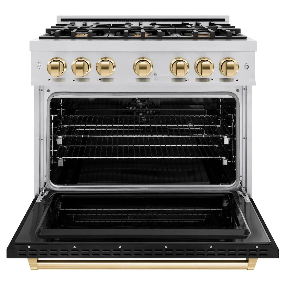 ZLINE Autograph Edition Classic 36-inch range in stainless steel with black matte door and polished gold accents CDRZ-BLM-36-G, front view