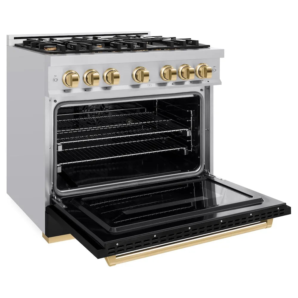 ZLINE Autograph Edition Classic 36-inch range in stainless steel with black matte door and polished gold accents CDRZ-BLM-36-G, door open