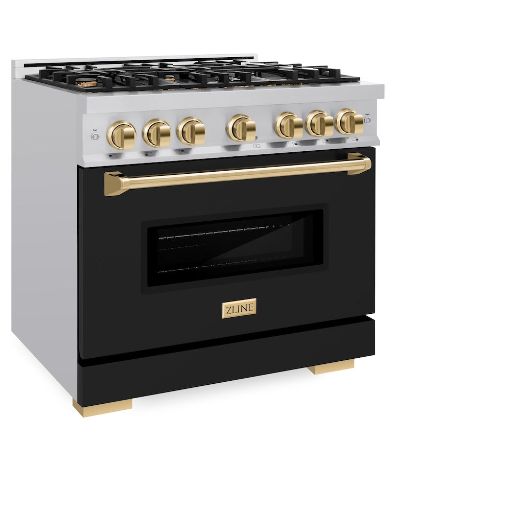 ZLINE Autograph Edition Classic 36-inch range in stainless steel with black matte door and polished gold accents CDRZ-BLM-36-G, view 5