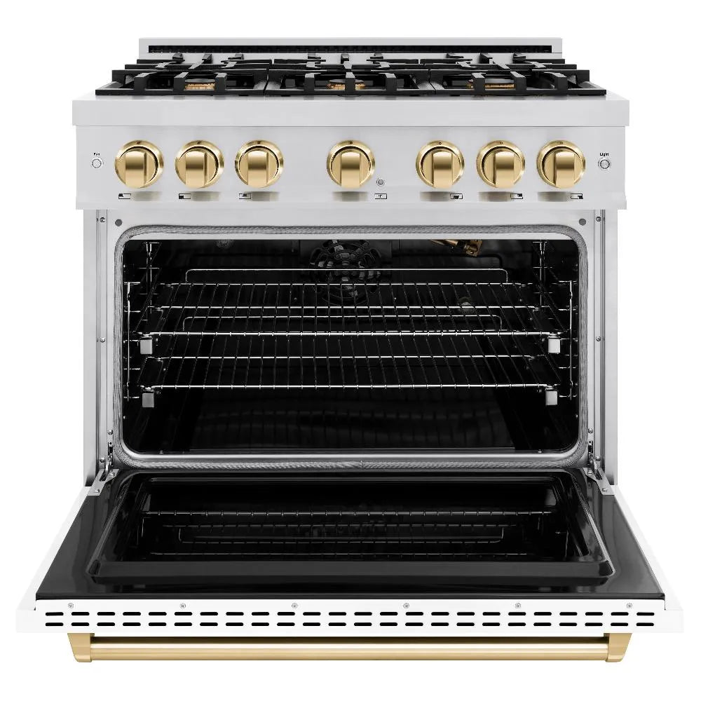 ZLINE Autograph Edition Classic 36-inch range in stainless steel with white matte door and polished gold accents CGRZ-WM-36-G, front view