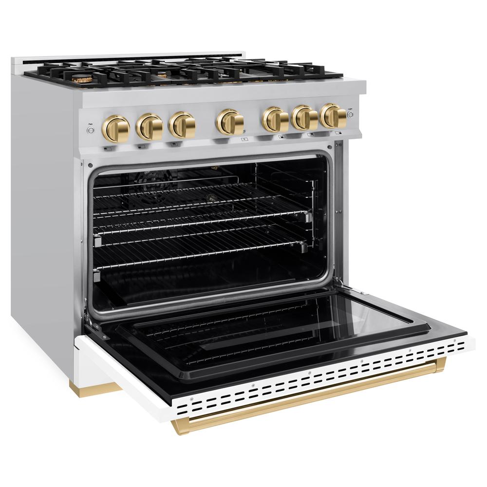 ZLINE Autograph Edition Classic 36-inch range in stainless steel with white matte door and polished gold accents CGRZ-WM-36-G, door open