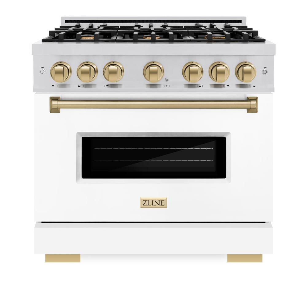 ZLINE Autograph Edition Classic 36-inch range in stainless steel with white matte door and champagne bronze accents CGRZ-WM-36-CB, front view