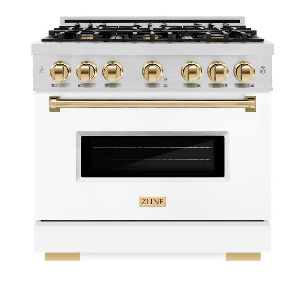ZLINE Autograph Edition Classic 36-inch range in stainless steel with white matte door and polished gold accents CGRZ-WM-36-G, front view