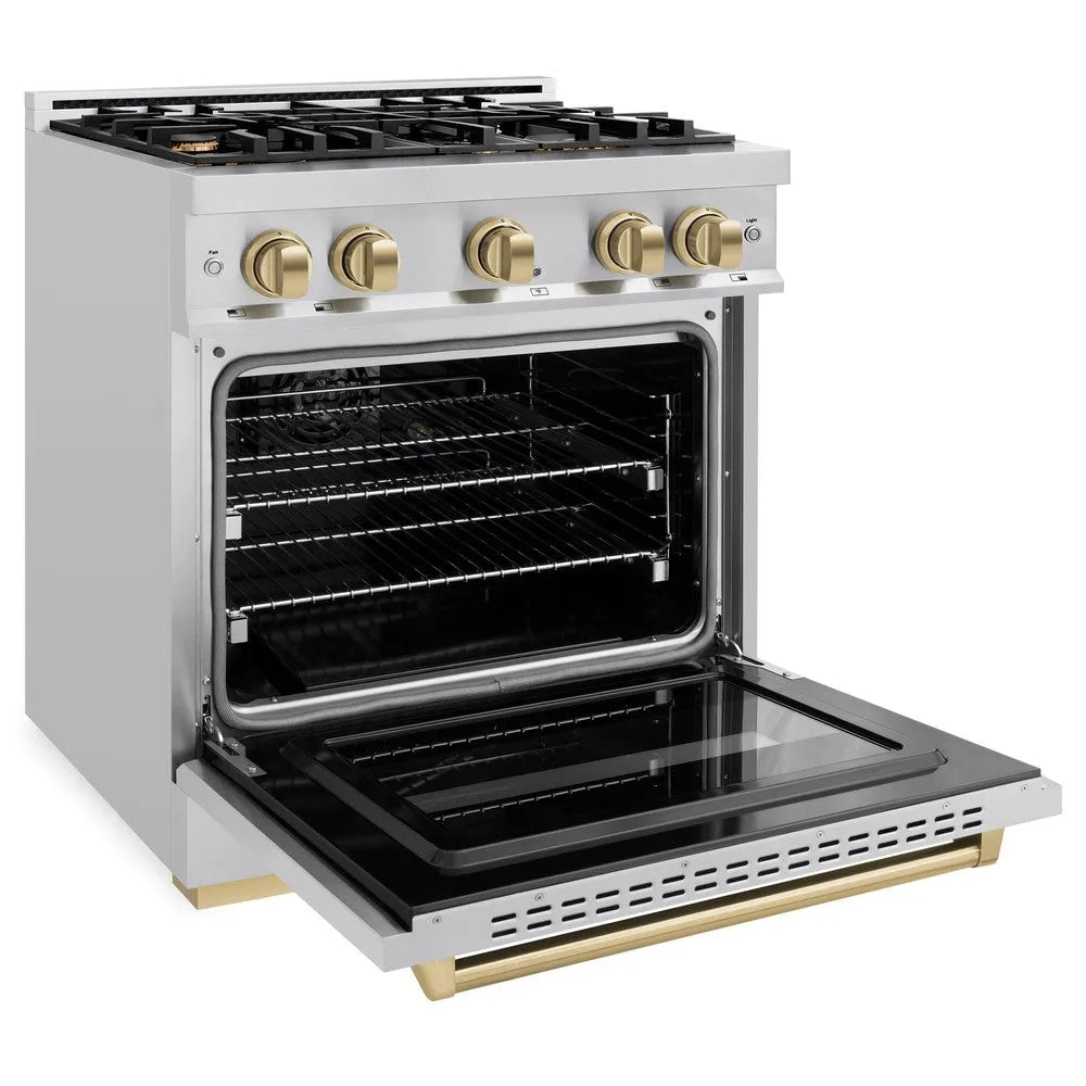 ZLINE Autograph Edition Classic 30-inch range in stainless steel and champagne bronze accents CGRZ-30-CB, door open