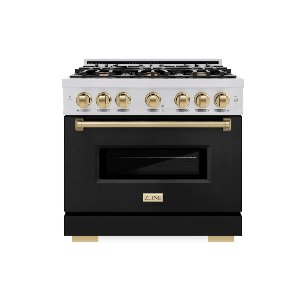 ZLINE Autograph Edition Classic 36-inch range in stainless steel with black matte door and champagne bronze accents CGRZ-BLM-36-CB, front view