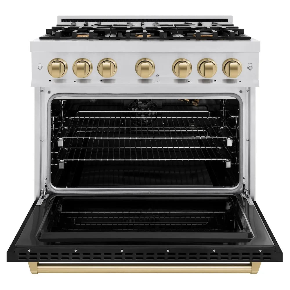 ZLINE Autograph Edition Classic 36-inch range in stainless steel with black matte door and champagne bronze accents CGRZ-BLM-36-CB, front view