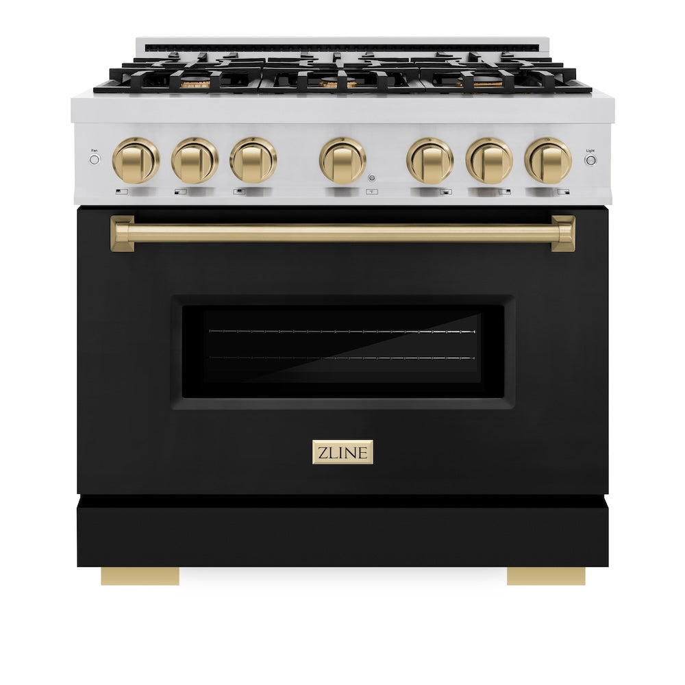 ZLINE Autograph Edition Classic 36-inch range in stainless steel with black matte door and champagne bronze accents CGRZ-BLM-36-CB, front view