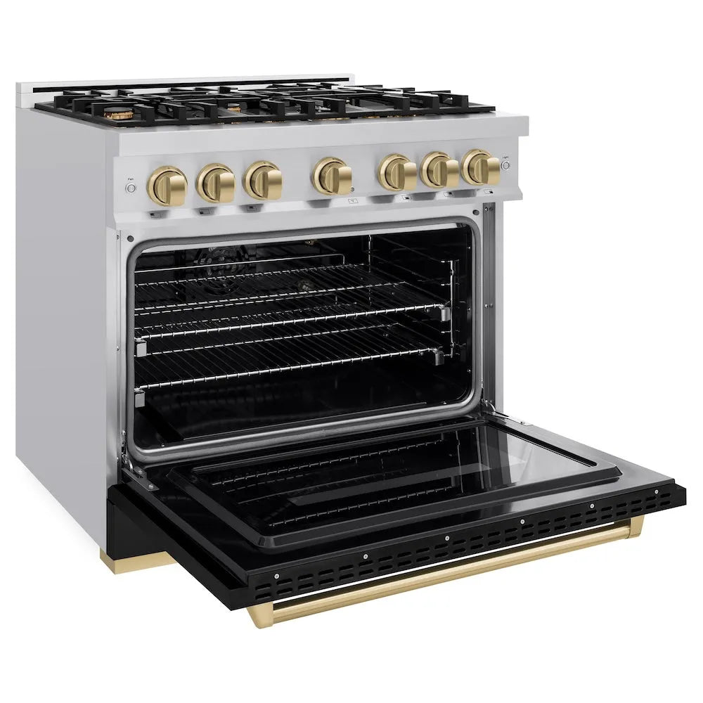 ZLINE Autograph Edition Classic 36-inch range in stainless steel with black matte door and champagne bronze accents CGRZ-BLM-36-CB, door open