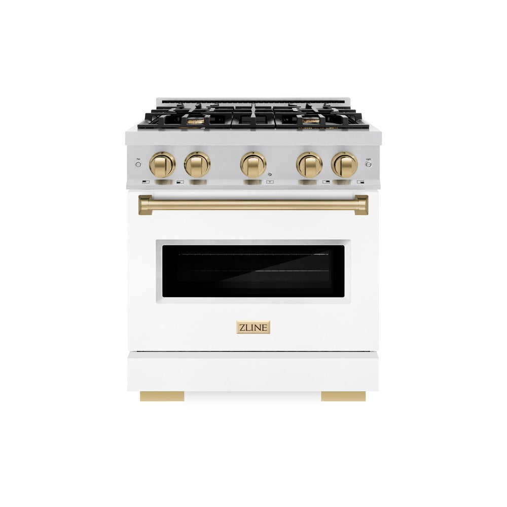 ZLINE Autograph Edition Classic 30-inch range in stainless steel with white matte door and champagne bronze accents CGRZ-WM-30-CB, front view