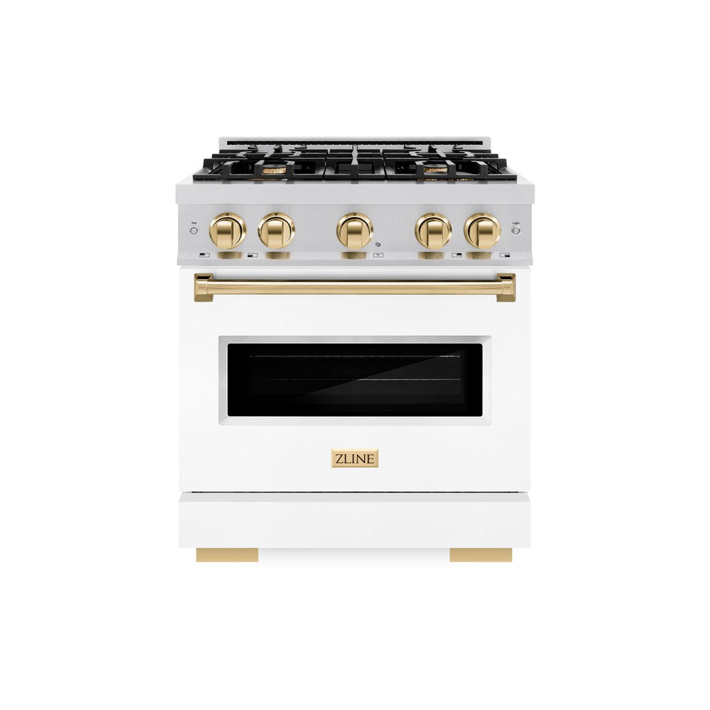 ZLINE Autograph Edition Classic 30-inch range in stainless steel with white matte door and polished gold accents CGRZ-WM-30-G, front view