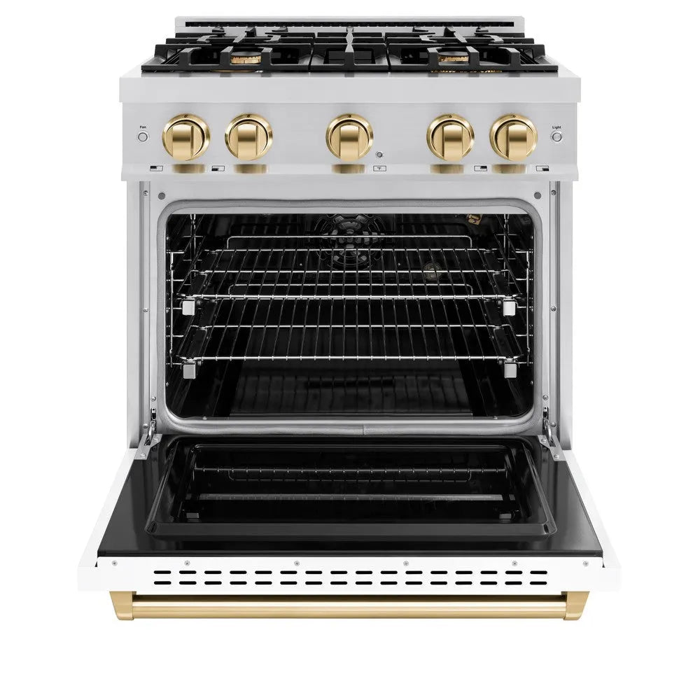 ZLINE Autograph Edition Classic 30-inch range in stainless steel with white matte door and polished gold accents CGRZ-WM-30-G, front view
