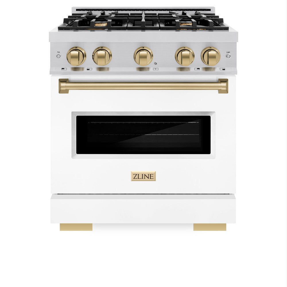 ZLINE Autograph Edition Classic 30-inch range in stainless steel with white matte door and champagne bronze accents CGRZ-WM-30-CB, front view