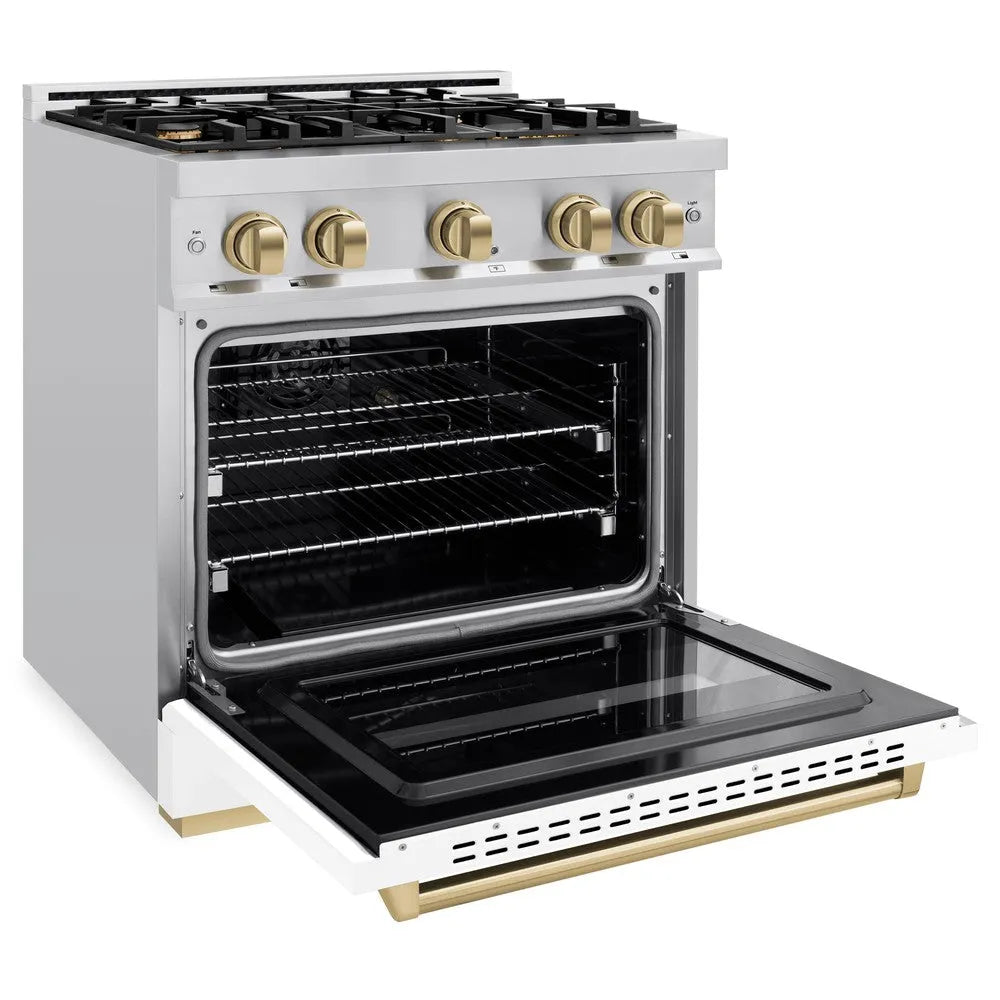 ZLINE Autograph Edition Classic 30-inch range in stainless steel with white matte door and champagne bronze accents CGRZ-WM-30-CB, door open