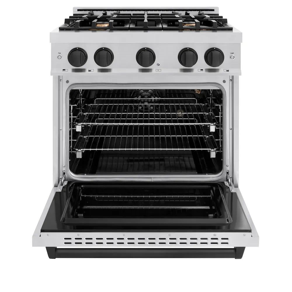 ZLINE Autograph Edition Classic 30-inch range in stainless steel and matte black accents CGRZ-30-MB, front view
