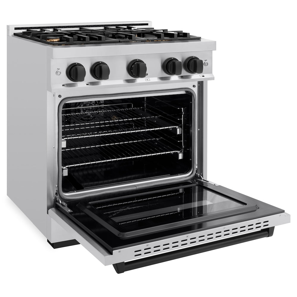 ZLINE Autograph Edition Classic 30-inch range in stainless steel and matte black accents CGRZ-30-MB, door open