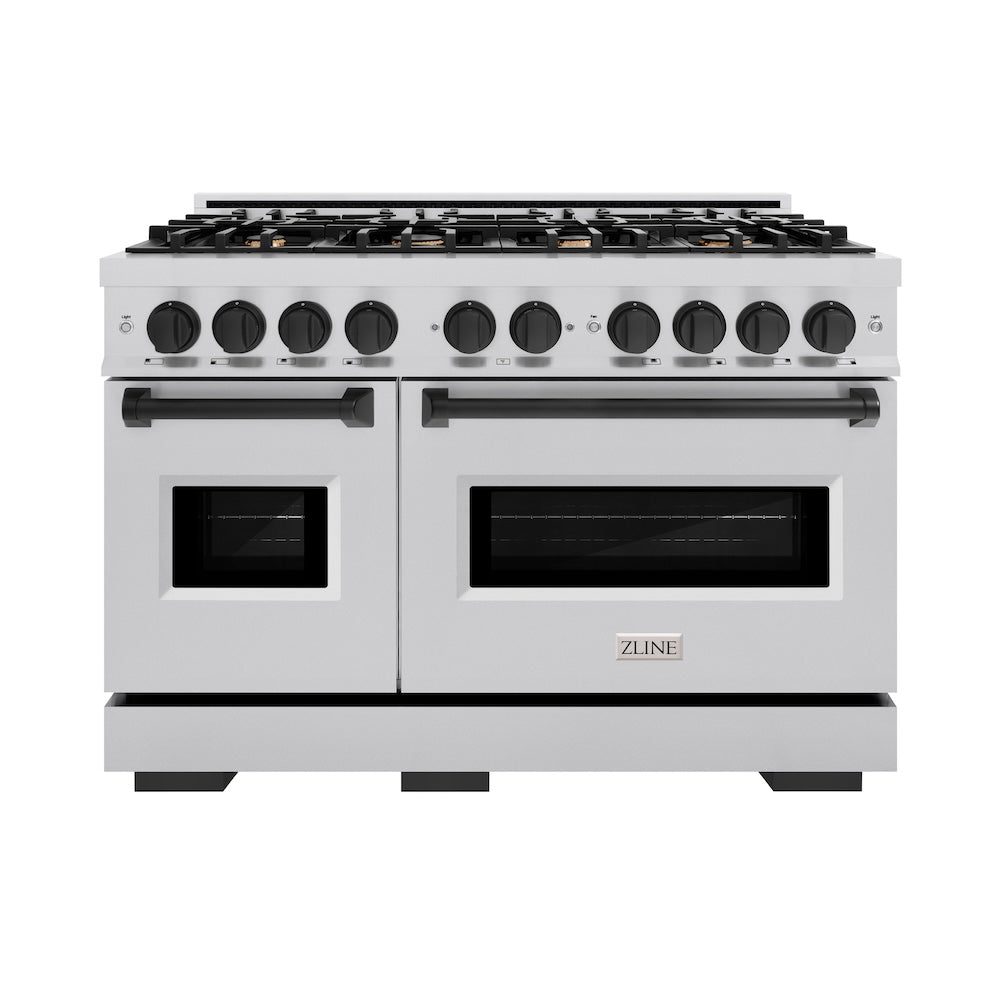 ZLINE Autograph Edition Classic 48-inch range in stainless steel and matte black accents CGRZ-48-MB, front view