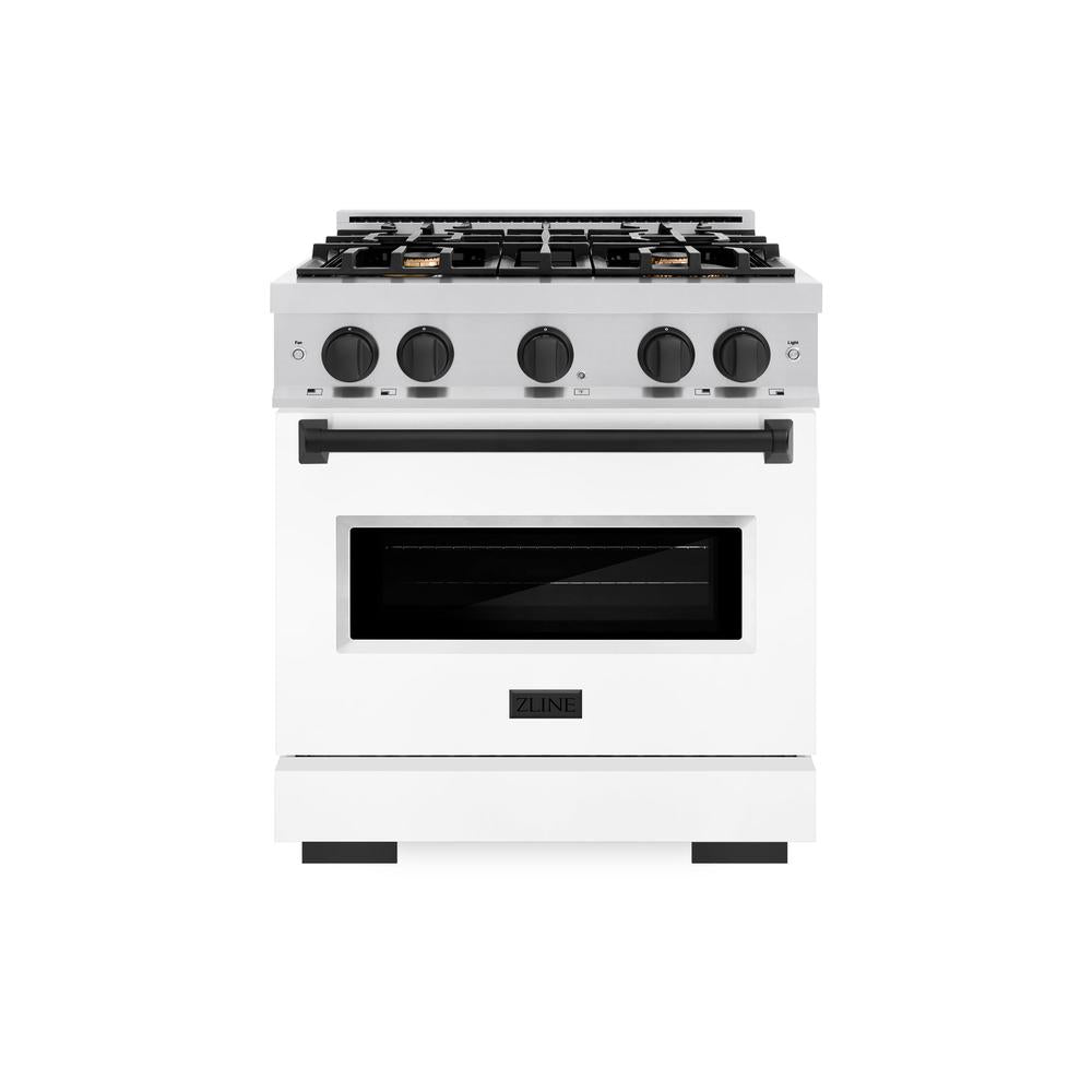 ZLINE Autograph Edition Classic 30-inch range in stainless steel with white matte door and matte black accents CGRZ-WM-30-MB, front view