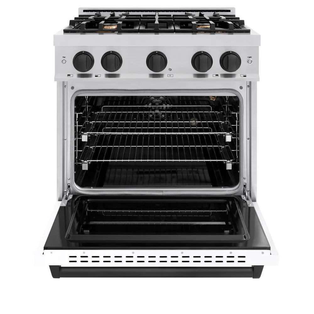 ZLINE Autograph Edition Classic 30-inch range in stainless steel with white matte door and matte black accents CGRZ-WM-30-MB, front view