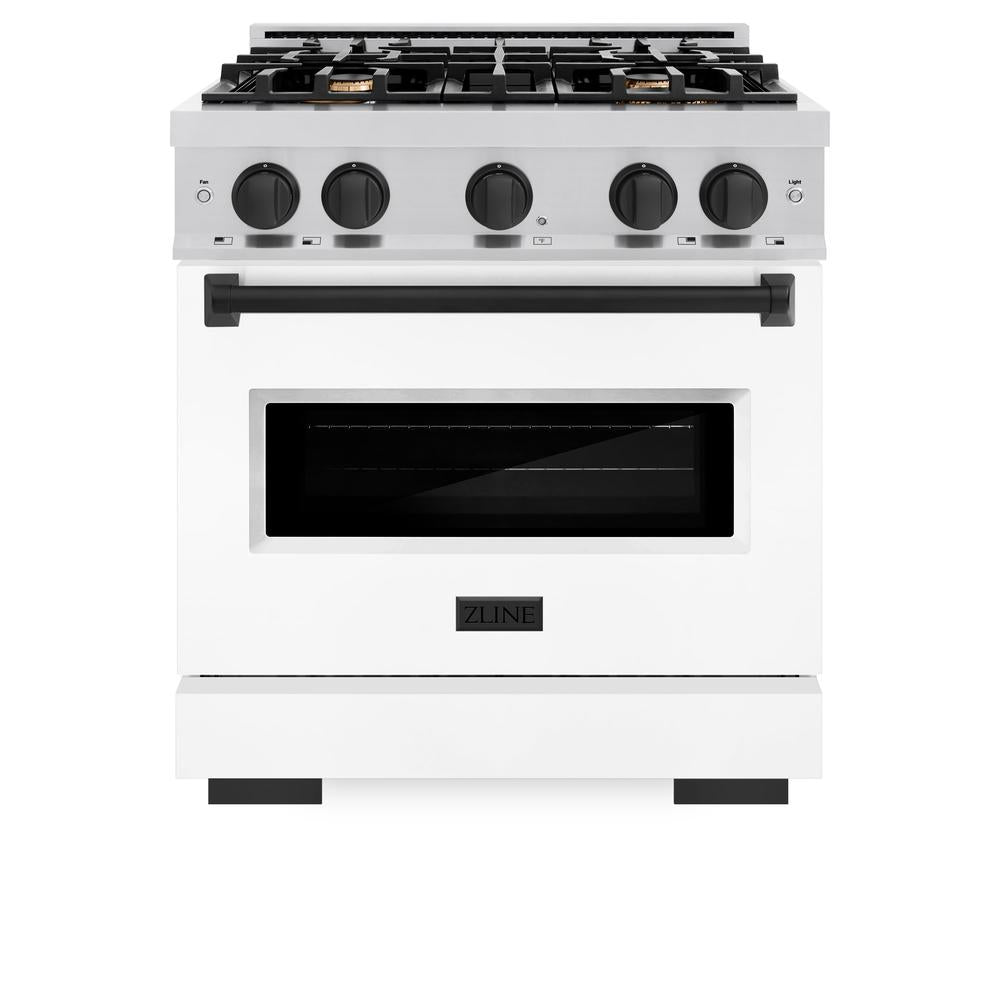 ZLINE Autograph Edition Classic 30-inch range in stainless steel with white matte door and matte black accents CGRZ-WM-30-MB, front view