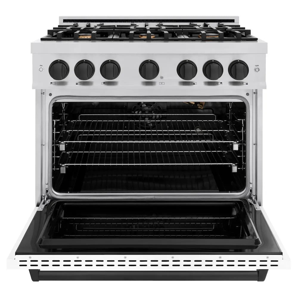 ZLINE Autograph Edition Classic 36-inch range in stainless steel with white matte door and matte black accents CGRZ-WM-36-MB, front view