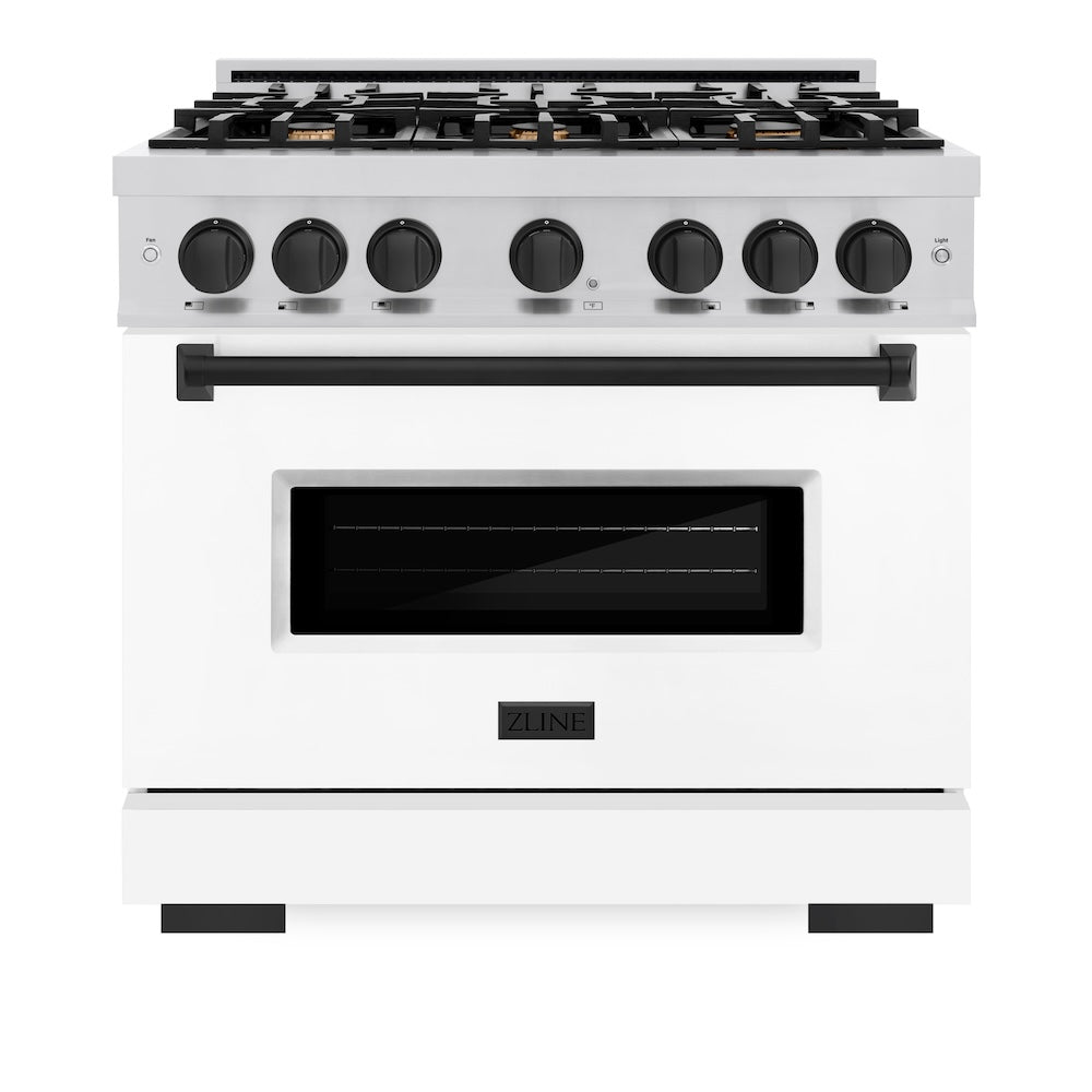 ZLINE Autograph Edition Classic 36-inch range in stainless steel with white matte door and matte black accents CGRZ-WM-36-MB, front view