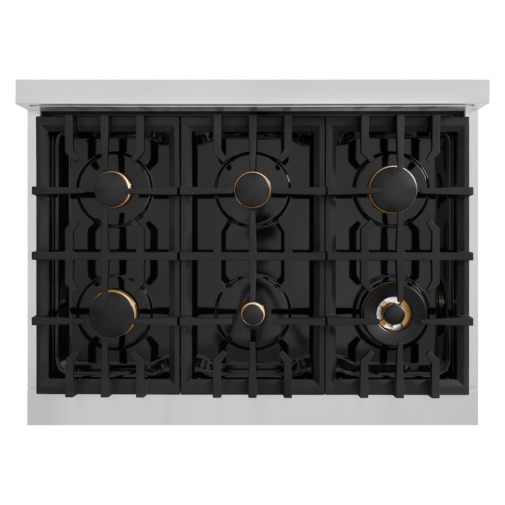ZLINE Autograph Edition Classic 36-inch range in stainless steel with white matte door and matte black accents CGRZ-WM-36-MB, from above