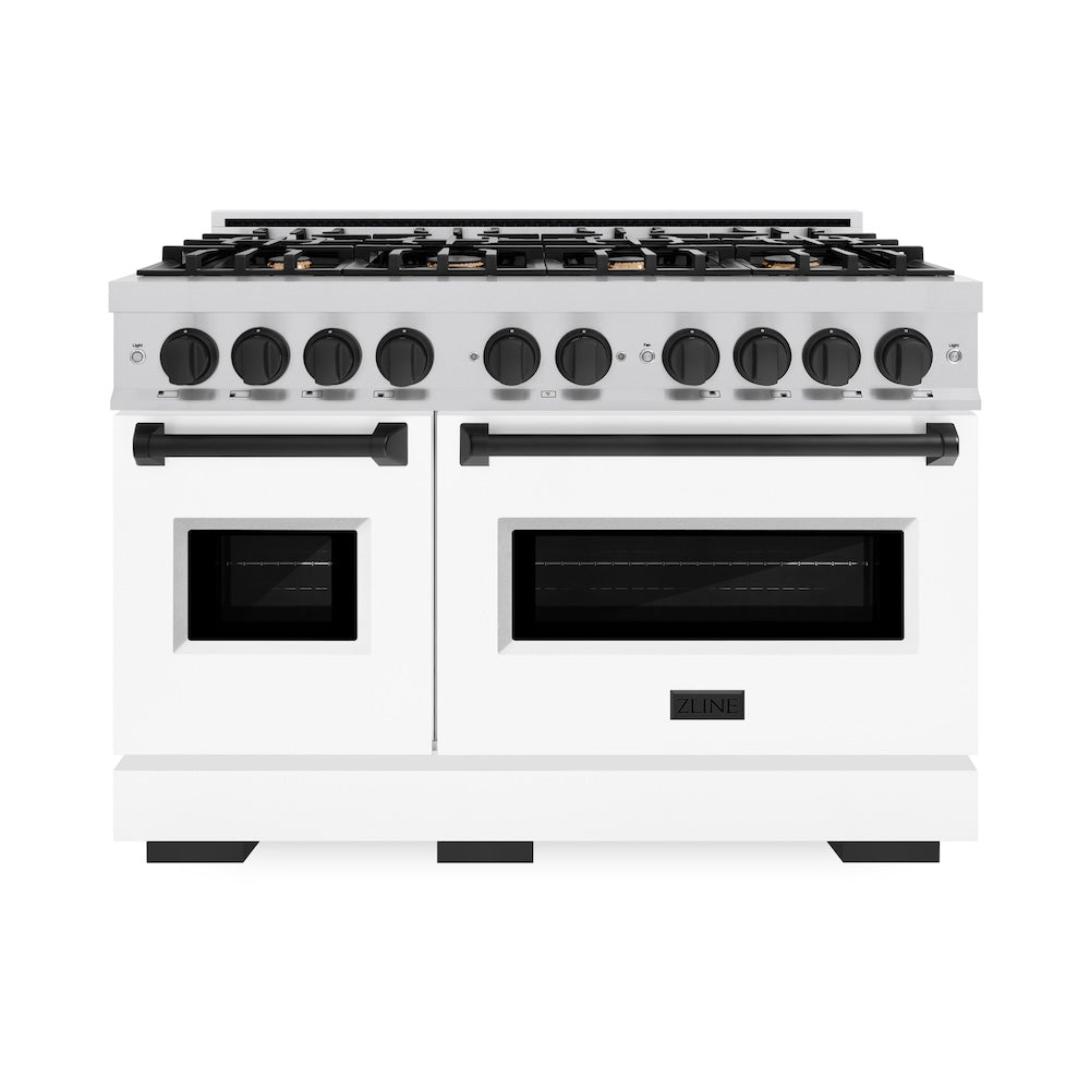 ZLINE Autograph Edition Classic 48-inch range in stainless steel with white matte door and matte black accents CGRZ-WM-48-MB, front view