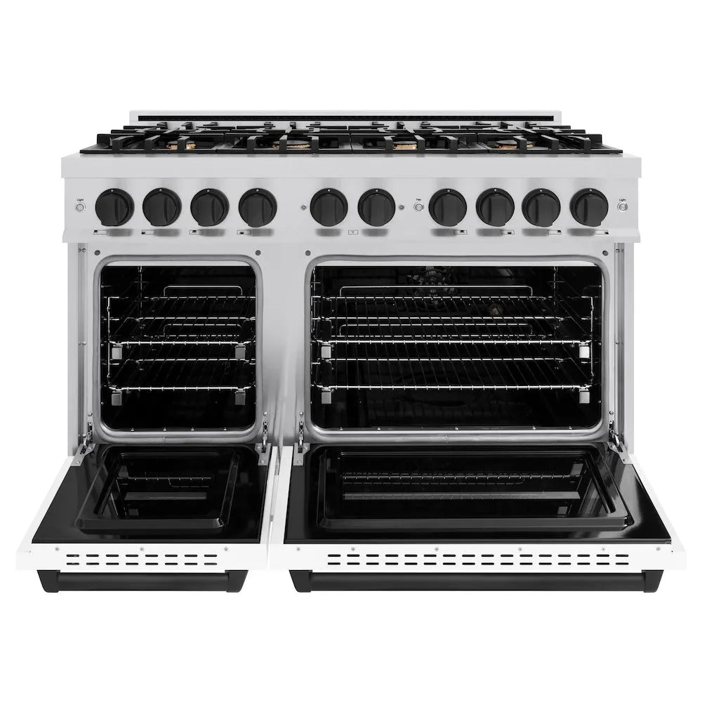 ZLINE Autograph Edition Classic 48-inch range in stainless steel with white matte door and matte black accents CGRZ-WM-48-MB, front view