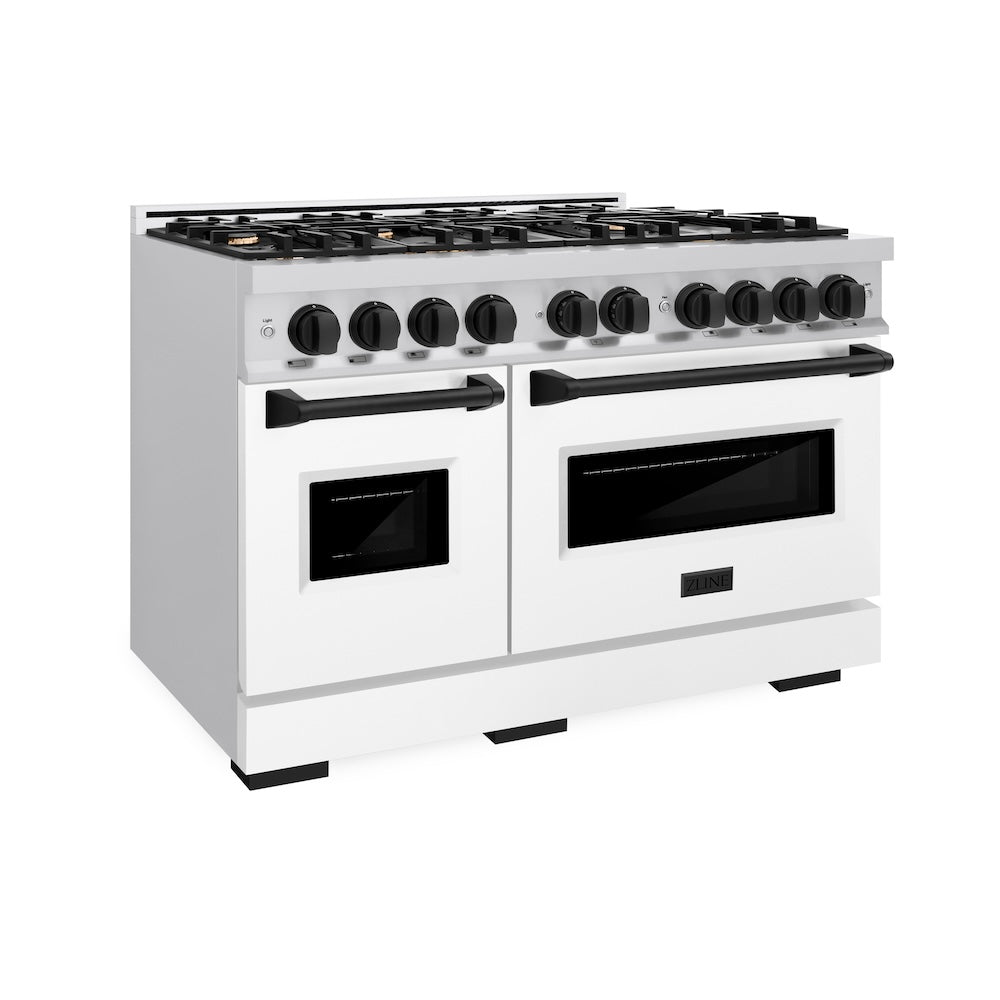 ZLINE Autograph Edition Classic 48-inch range in stainless steel with white matte door and matte black accents CGRZ-WM-48-MB