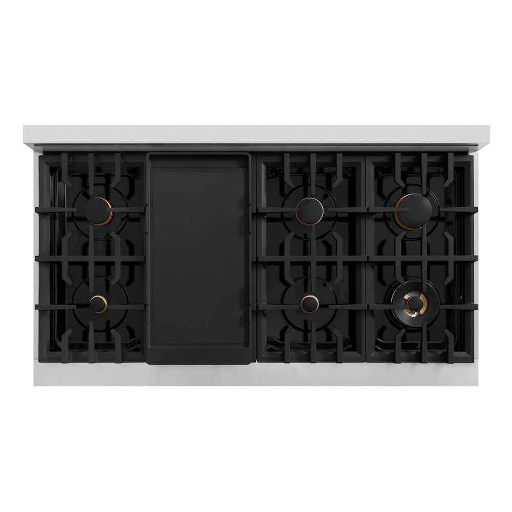 ZLINE Autograph Edition Classic 48-inch range in stainless steel with white matte door and matte black accents CGRZ-WM-48-MB, from above